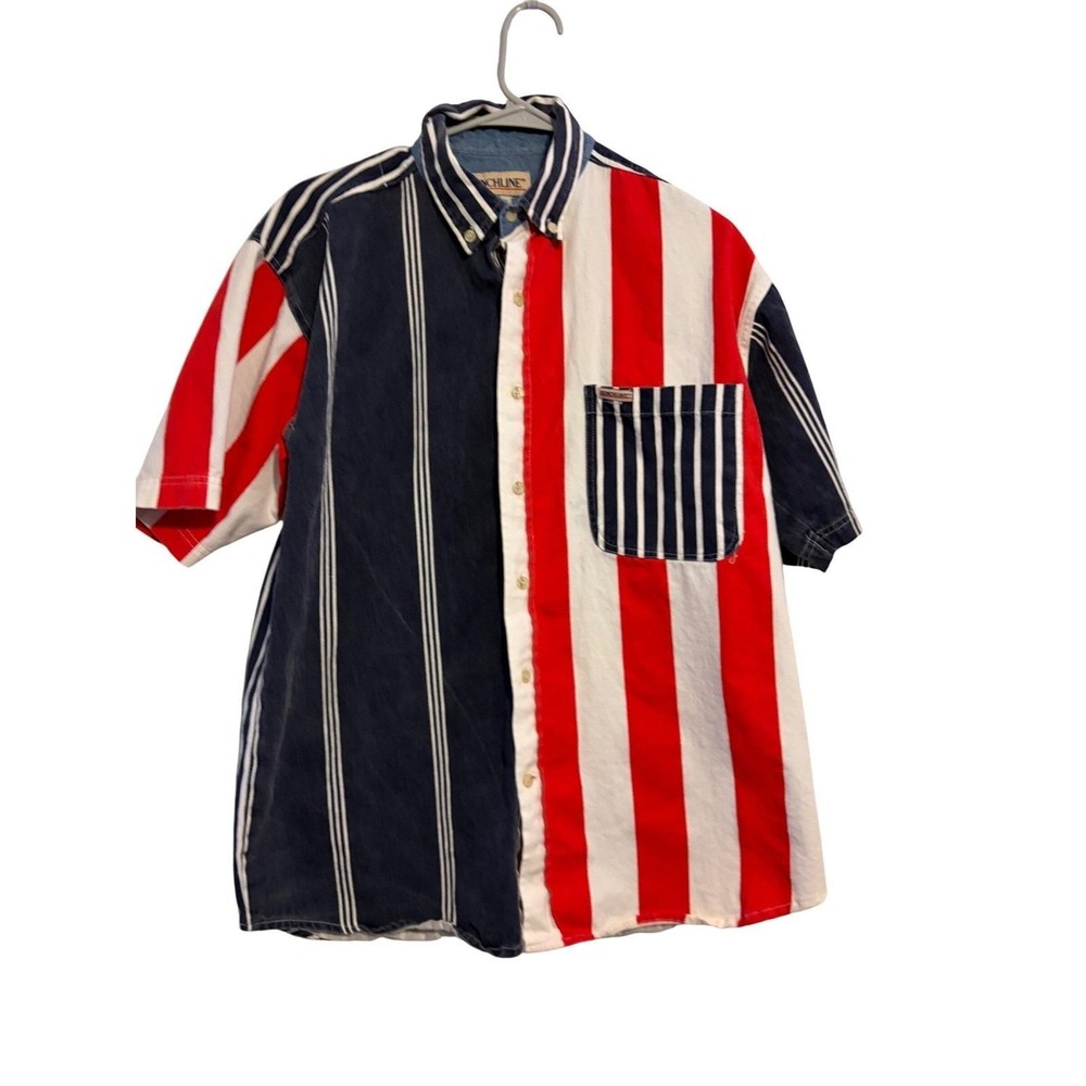 Benchline Mens Vintage Striped Colorblock Button Down Shirt Red White Blue M
